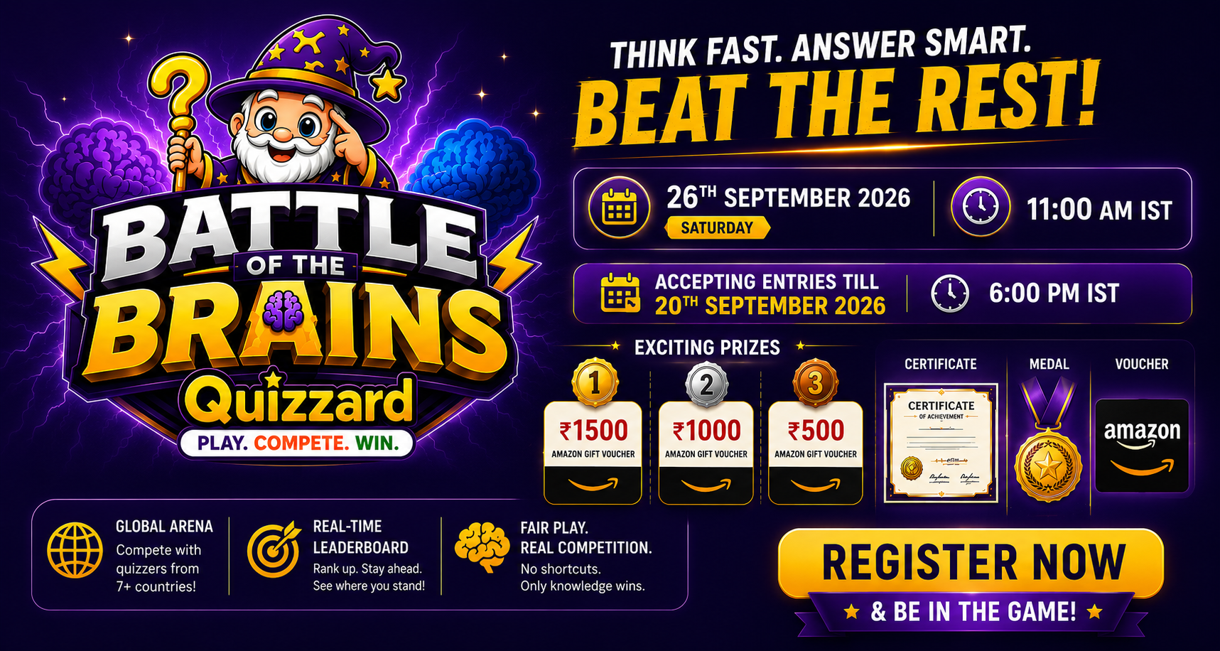 Battle of the Brains by Quizzard — 26th September 2026, 11:00 AM IST. Exciting prizes. Register now.